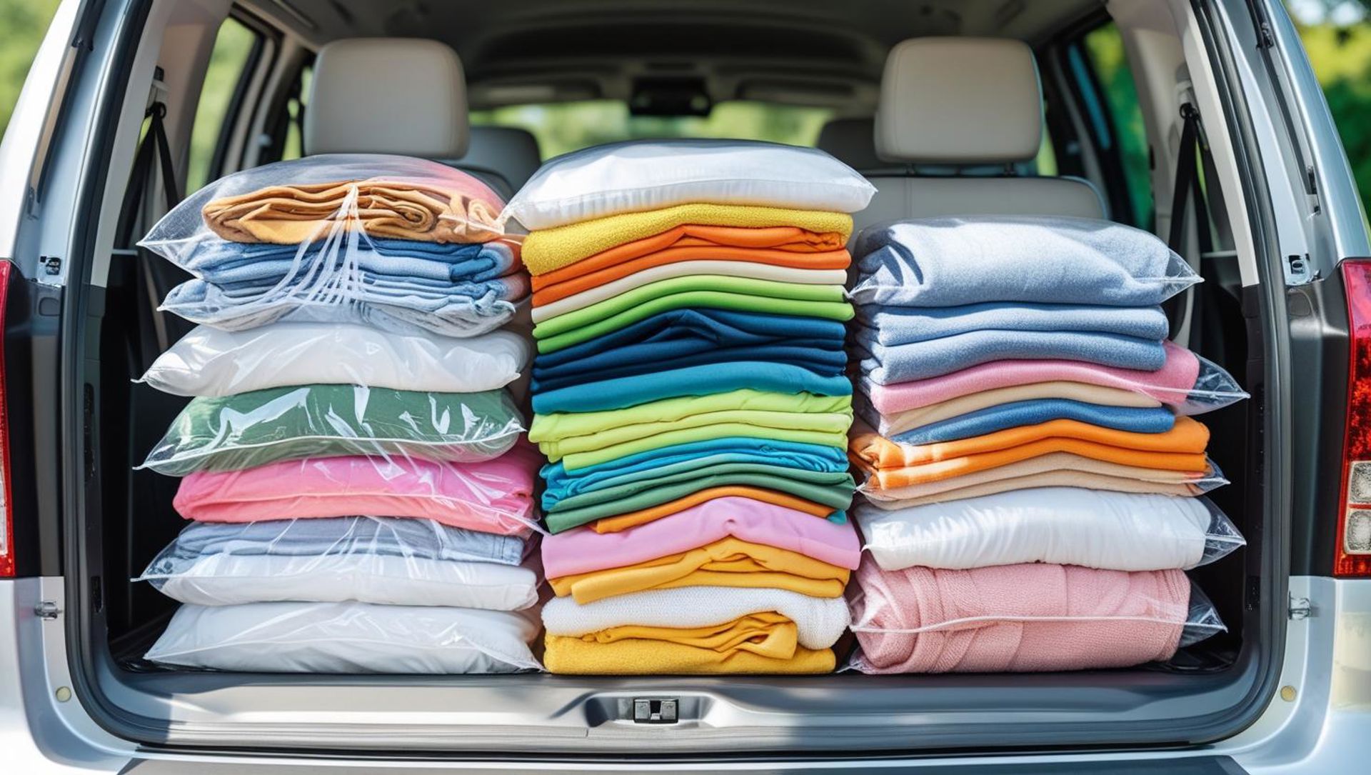 Clean Clothes Laundry In Clear Bags Being Loaded In Back Of A Vehicle (1)