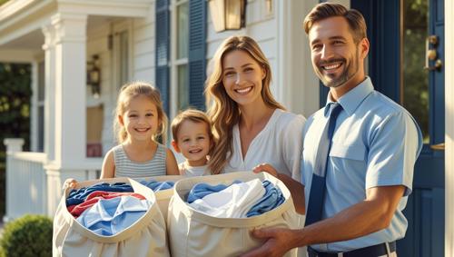 Happy Family Waiting At Doorstep Friendly Delivery Driver Bringing Laundry Bags Of Clean Clothes Only 1 Husband 1 Wife A 1 3 Kids